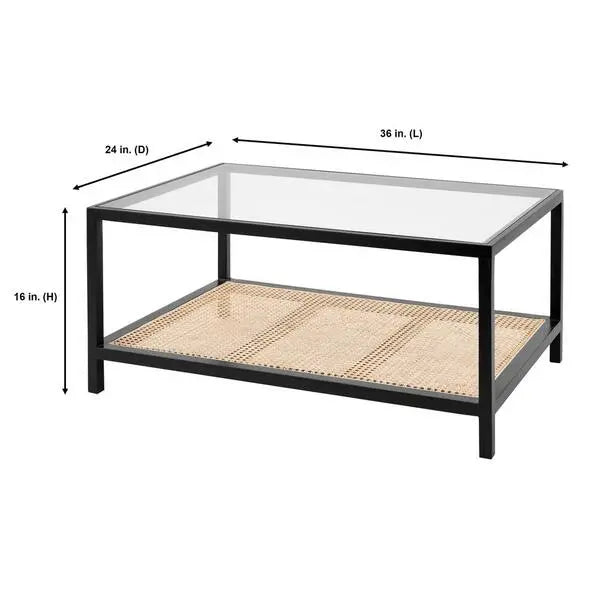 Mesa de centro rectangular Odell de 91 cm en color negro con cubierta de vidrio y detalles de ratán natural