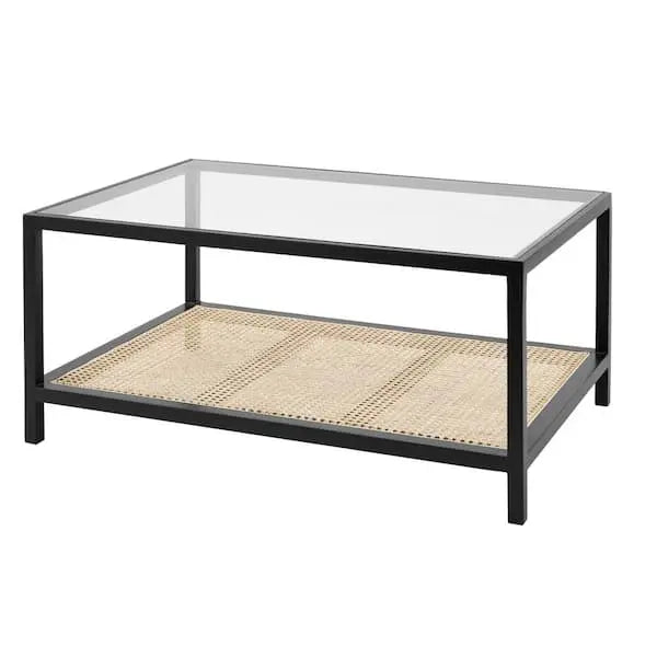 Mesa de centro rectangular Odell de 91 cm en color negro con cubierta de vidrio y detalles de ratán natural
