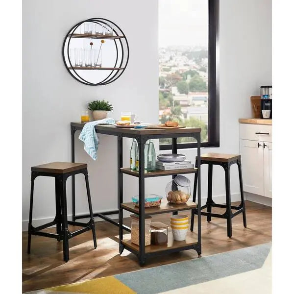 Juego de comedor de 3 piezas de metal negro con tablero de madera en acabado roble Haze