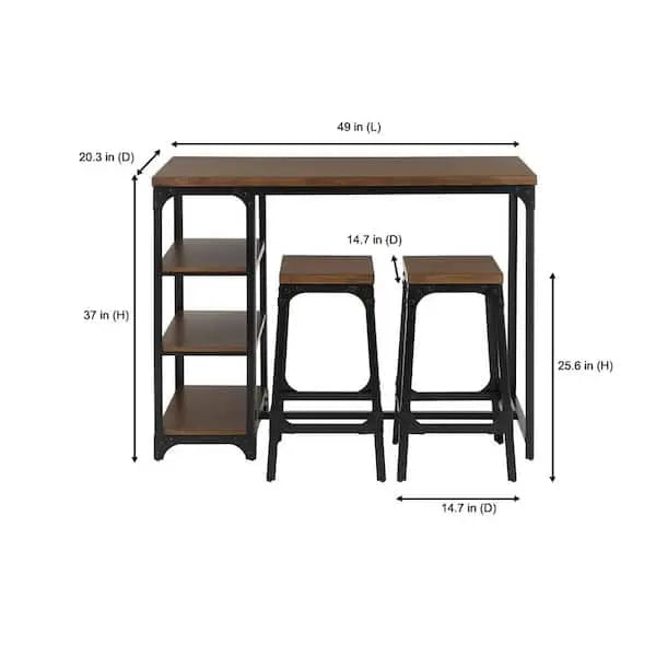 Juego de comedor de 3 piezas de metal negro con tablero de madera en acabado roble Haze