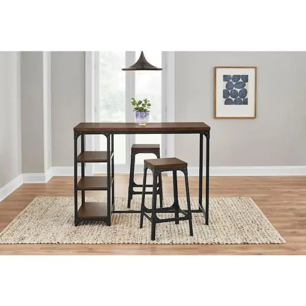 Juego de comedor de 3 piezas de metal negro con tablero de madera en acabado roble Haze