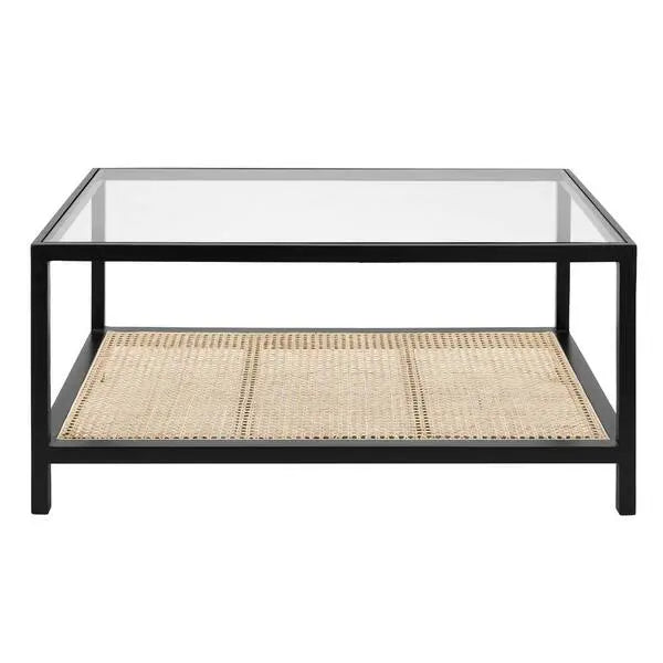 Mesa de centro rectangular Odell de 91 cm en color negro con cubierta de vidrio y detalles de ratán natural