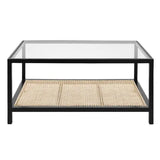 Mesa de centro rectangular Odell de 91 cm en color negro con cubierta de vidrio y detalles de ratán natural